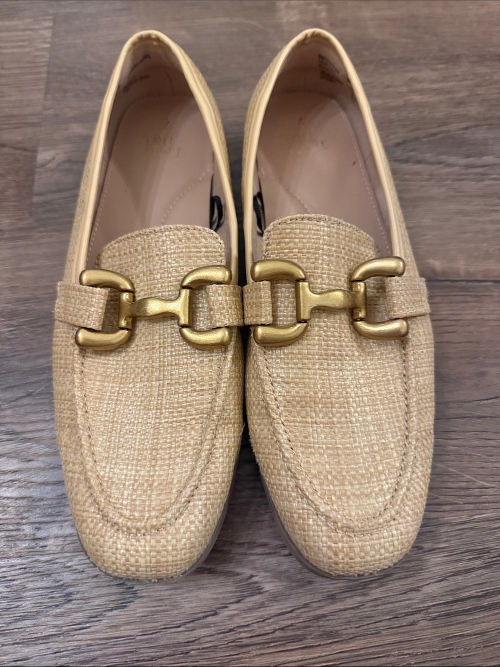 Women’s Raffia Loafers with Gold-Tone Bit in Beige Size 7
